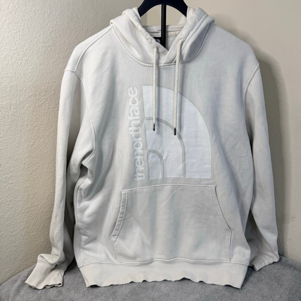 The North Face Hoodie Mens L Cream Tonal Big Logo Pullover Sweatshirt